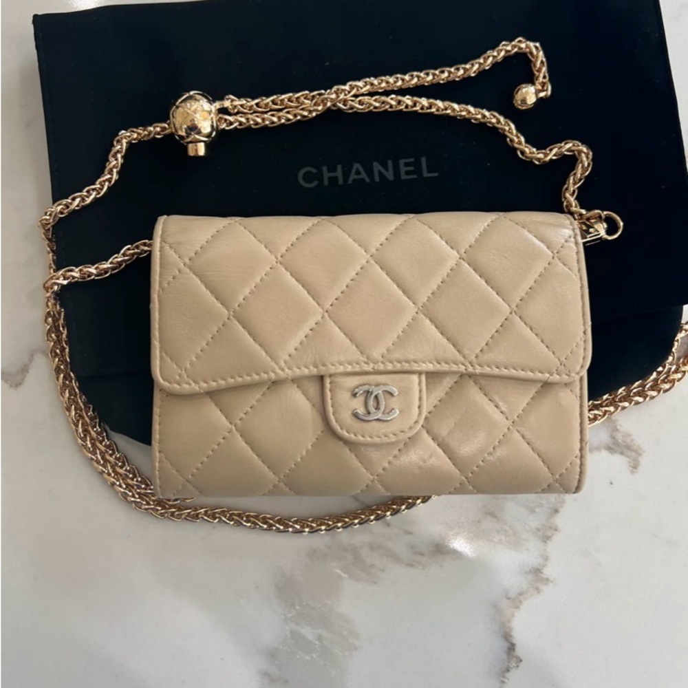 Chanel Tan Quilted Leather Clutch with Chain